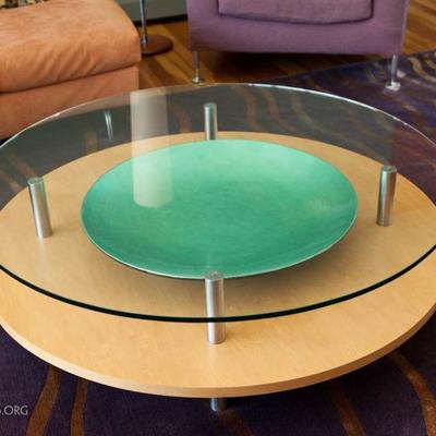 Desiron custom glass and wood coffee table. 45