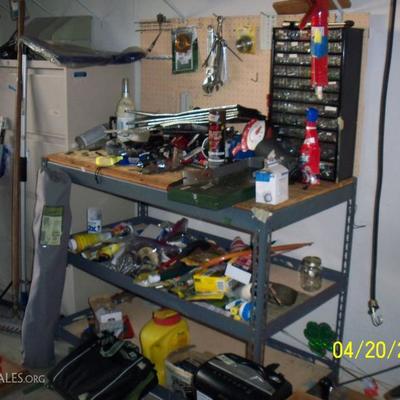 Large Metal file cabinet in corner, Work bench, tools