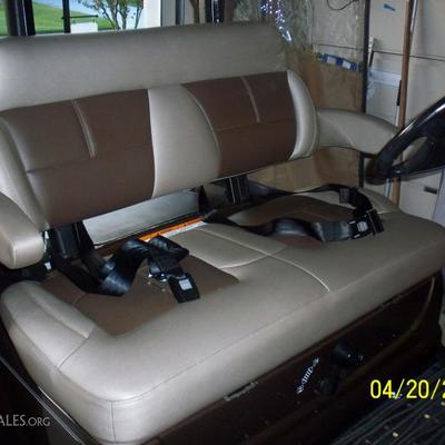 Golf cart comes equipped with seat belts and arm rests.