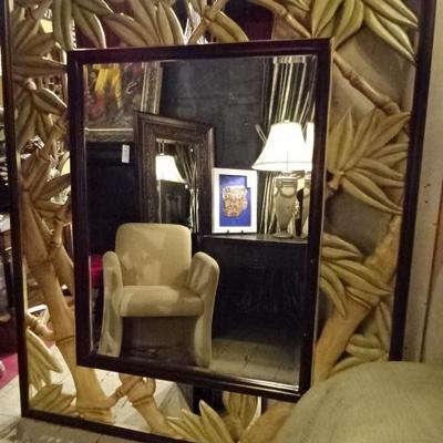 HUGE 6 FT TALL BAMBOO MOTIF CARVED WOOD MIRROR