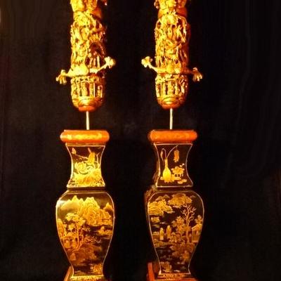 PAIR LARGE ANTIQUE CHINESE QING DYNASTY GILT WOOD CANDLE HOLDERS CIRCA 19TH CENTURY, WITH CERTIFICATE OF ANTIQUITY