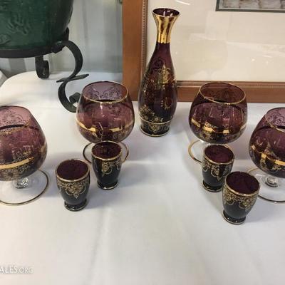 Purple goblet and decanter set