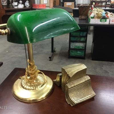 Desk lamp and brass bookends