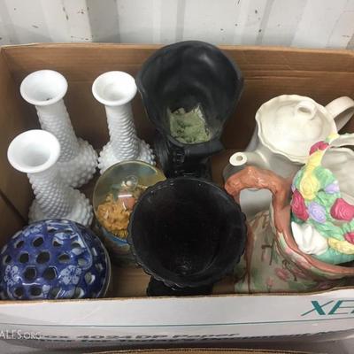 Box lot with Avon vase