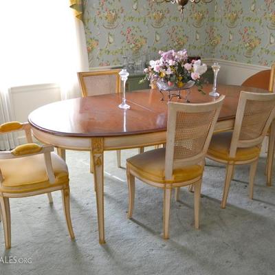 Dining set including table and 6 caned back chairs