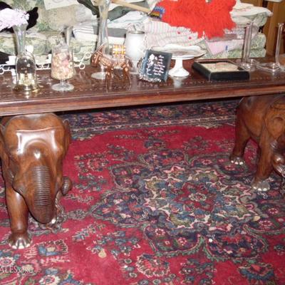 IVORY INLAID TABLE WITH ELEPHANT BASES