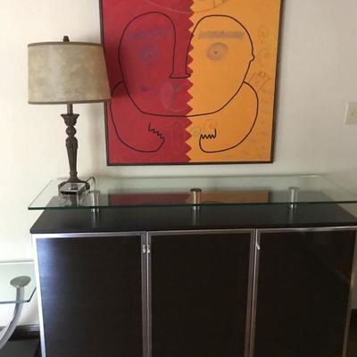 Black, Silver and Glass Console with original Cuban oil painting