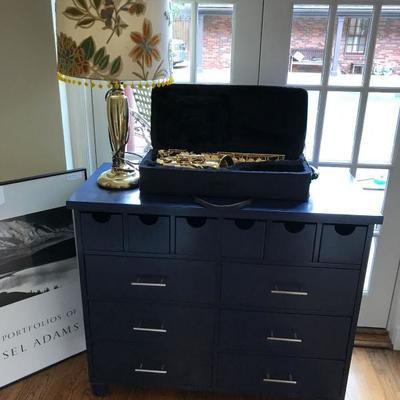 Blue Pottery Barn Chest of Drawers perfect for Boys Room -- plus a Saxophone!