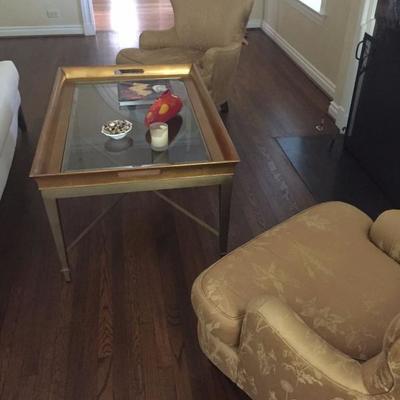 Pair of Designer Gold Chairs with Glass Tray Top Coffee Table