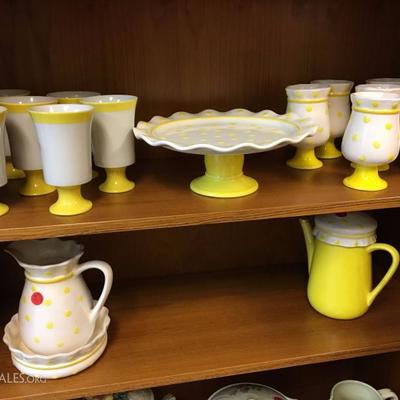 Yellow polka dot set of 8 (cups, cake plate, pitcher) $15