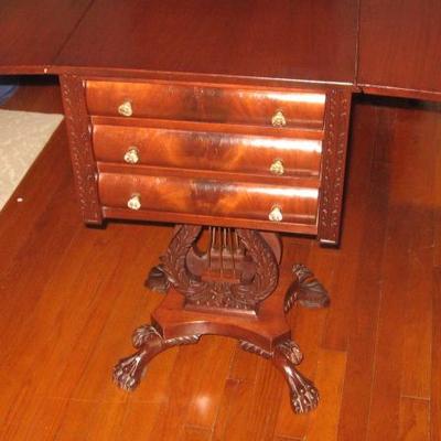 Antique mahogany lyre base, claw feet, 3 drawer, drop leaf work table
