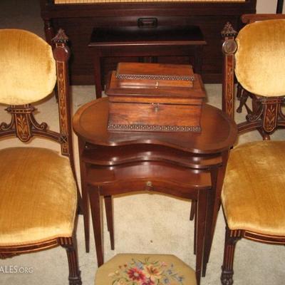 Antique Victorian medallion side-chair. Mahogany antique tea caddy. Mahogany 3 piece leather top nested tables


