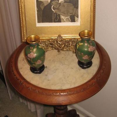 Eastlake round marble top 4 leg walnut candle stand
