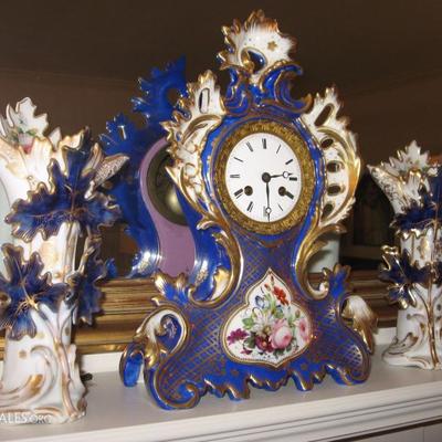 Japy Freres French garniture, mantle clock and 2 vases
