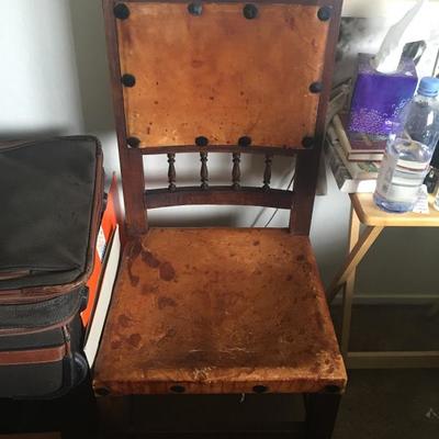 Antique Wood Chair with Leather Hide