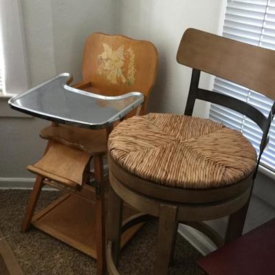 Old high chair and bar stools 