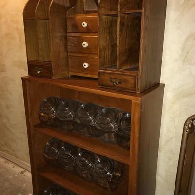 Oak Salesman sample dresser on wood book case , oak vertical file 
Penny candy drugstore jars -Gallon & 1/2 Gallon