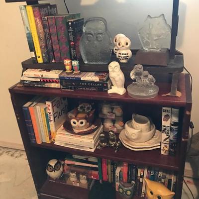 Wood bookshelf with vintage owls