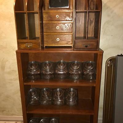 Oak Salesman sample dresser on wood book case 
Penny candy drugstore jars -Gallon & 1/2 Gallon