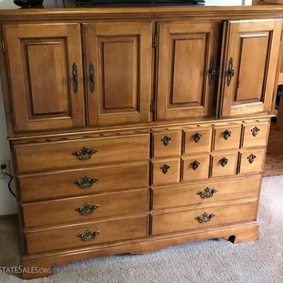 Pair of pecan wood cabinet and drawers.