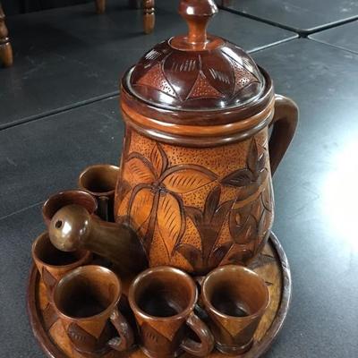 Monkey Pod wooden coffee pot and cups