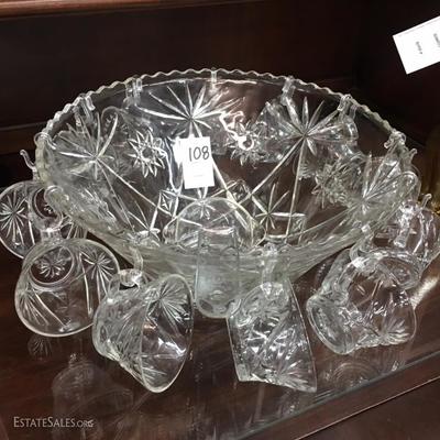 Glass punch bowl with mugs