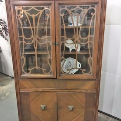 vintage curio cabinet with wood inlay and shelves 