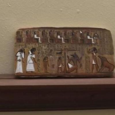 HKCT033 Egyptian Figurines, Wall Plaque and Wooden Floating Shelf
