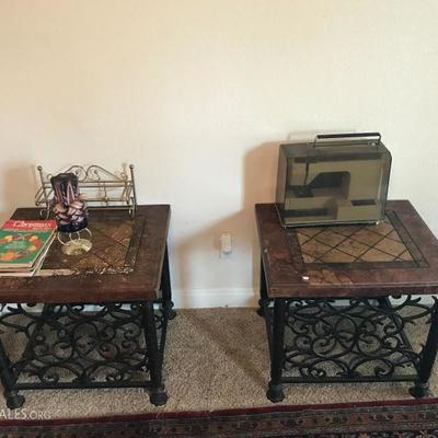 end tables, handcrafted decorative candle, quilting magazines, montgomery ward sewing machine
