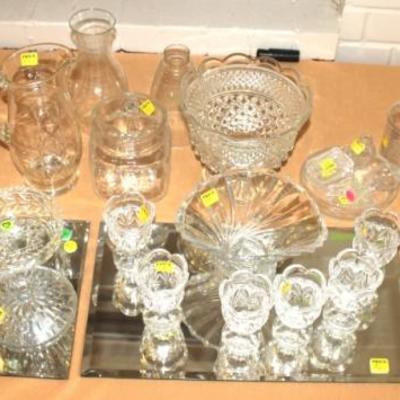 Box lot of glassware:  pitchers, vases, platters, mirrors, salt and peppers, and cups
