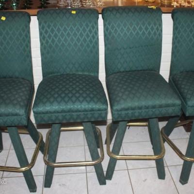 Set of 4 green and brass bar stools
