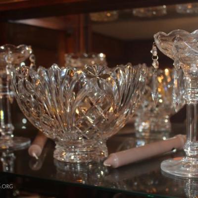 Pair of crystal candlesticks and centerpiece bowl
