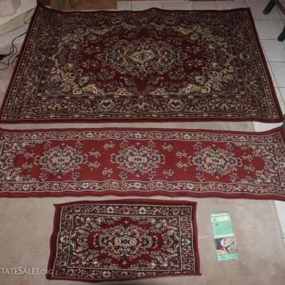 Set of 3 matching machine made rugs:  one area, one runner, and one door mat size, with rug to carper grip mat
