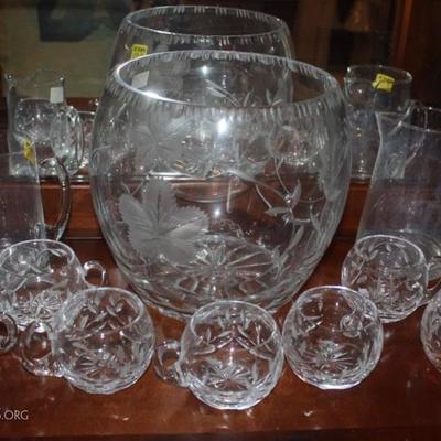 Etched punch bowl with 7 cups, and two blown glass pitchers
