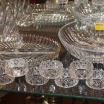 Lot of 24% lead crystal tableware: 4 divided dishes, napkin holder.  Comes with 6 plastic napkin rings
