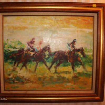 Oil on canvas painting of jockey, done with pallete knife, signed Max
