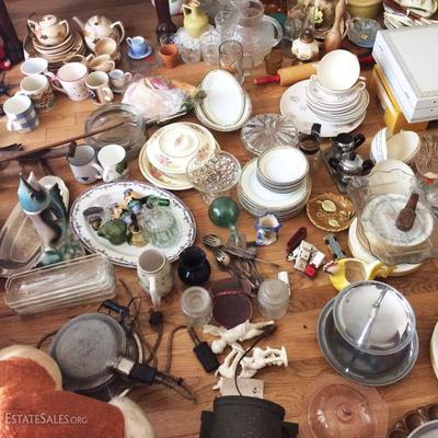 Glassware, dishes, pottery, antique and vintage utensils