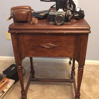 Antique sewing machine table, cameras