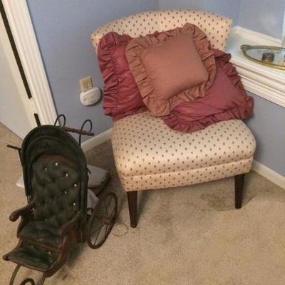 Upholstered chair, Antique doll stroller