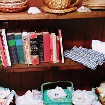 Vintage cookbooks and vintage linen.