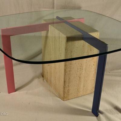 Vintage MCM Side Table:  Beautiful and unique, travertine and painted steel with glass top.  This is a very unusual and lovely...