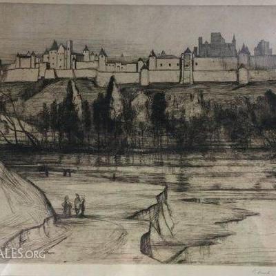 Hester Frood etching of Carcassonne, France