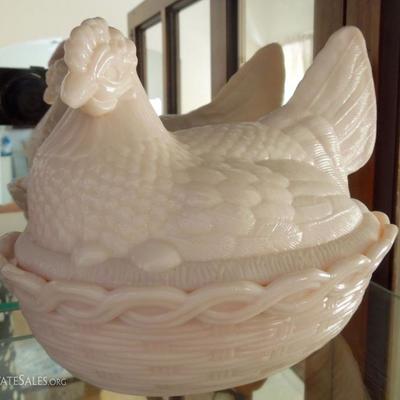 Antique Milk glass hen covered dish