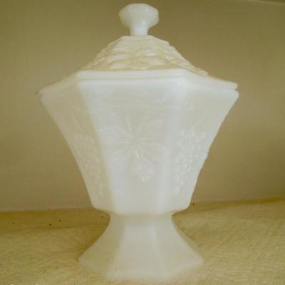 Milk glass covered compote paneled grape pattern