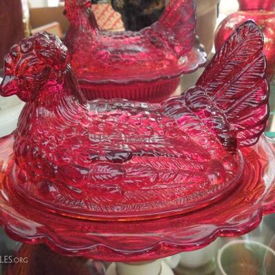 Antique red glass hen covered dish