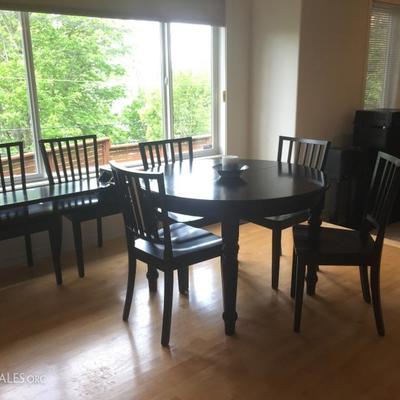 Black Pottery Barn Dining Table with 2 Leaves and 6 Chairs