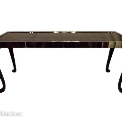 MODERN DESIGN CHROME AND BLACK GLASS CONSOLE TABLE WITH BLACK ENAMEL CABRIOLE LEGS