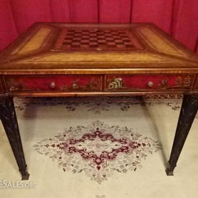 MAITLAND SMITH CHINOISERIE GAME TABLE WITH GILT WOOD AND EMBOSSED LEATHER TOP