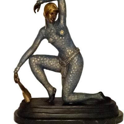 D.H. CHIPARUS STYLE ART DECO BRONZE SCULPTURE - DANCER ON MARBLE BASE WITH GILT AND PATINATED FINISH