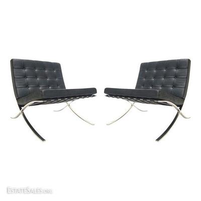 PAIR VINTAGE 1960'S BARCELONA CHAIRS IN BLACK LEATHER